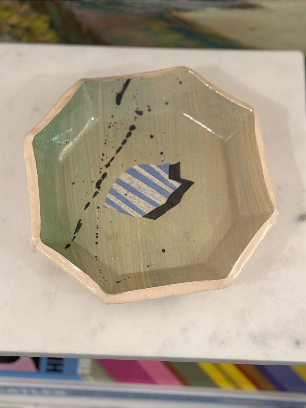 Vintage Japanese Oribe-Style Hexagonal Studio Pottery Plate Catch All